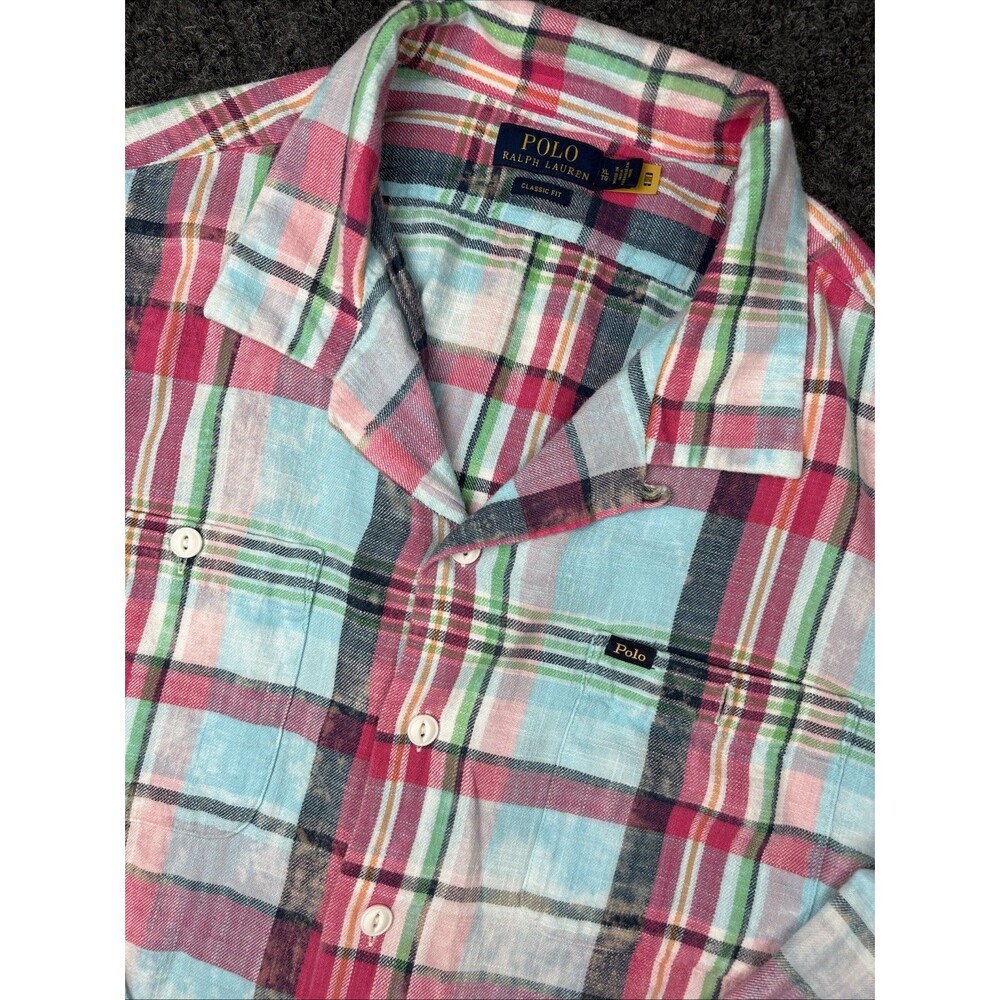 Polo Ralph Lauren Shirt Mens XL Multicolor Madras Plaid Camp Loop Collar